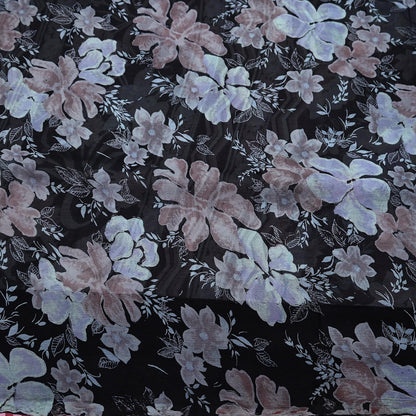 Vintage Saree Black Pure Chiffon Silk Printed Sari Craft Fabric Sewing 5Yard Soft