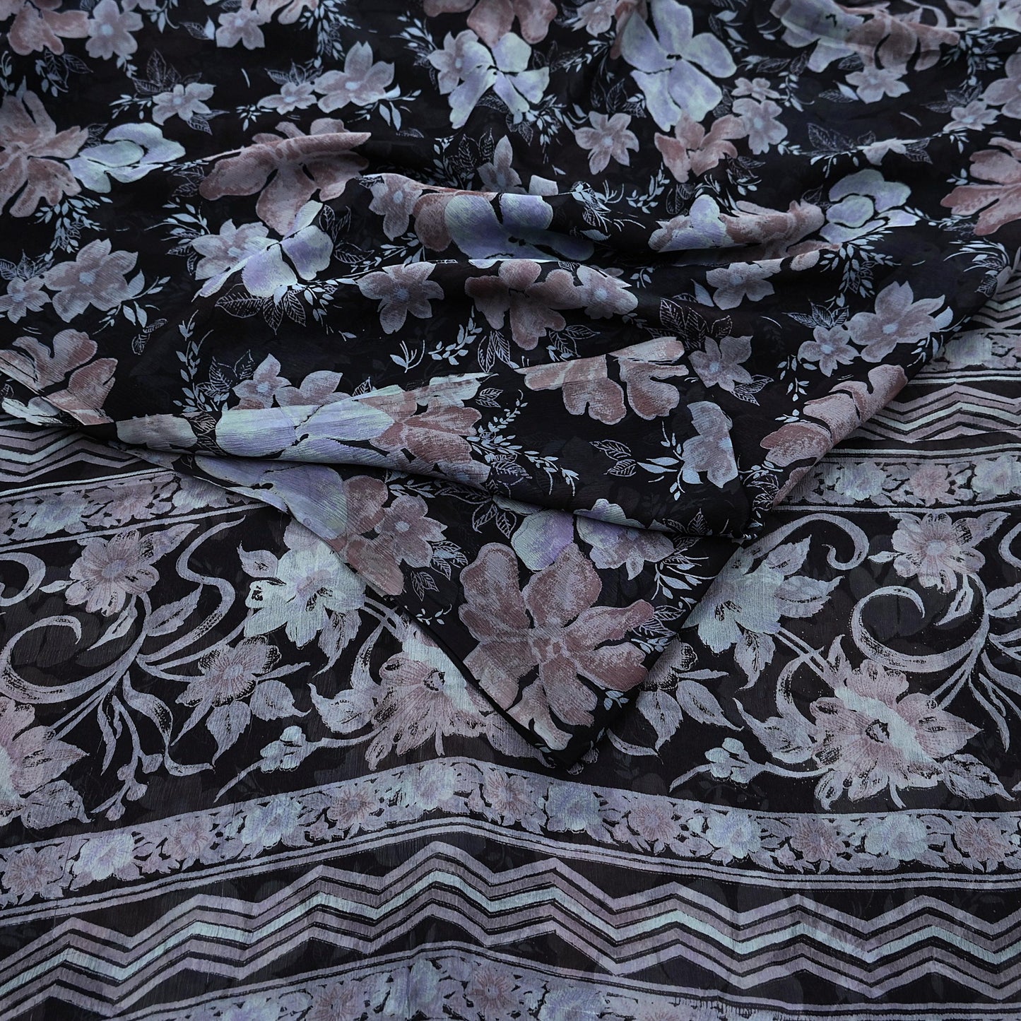Vintage Saree Black Pure Chiffon Silk Printed Sari Craft Fabric Sewing 5Yard Soft