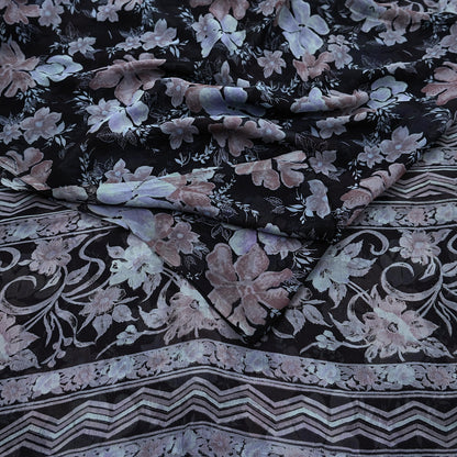 Vintage Saree Black Pure Chiffon Silk Printed Sari Craft Fabric Sewing 5Yard Soft