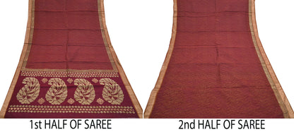 Indian Vintage Sari Maroon Pure Cotton Hand Woven 5Yd Sarees Soft Floral Ethnic Craft Fabric Sewing Dress making Crafting Quilting