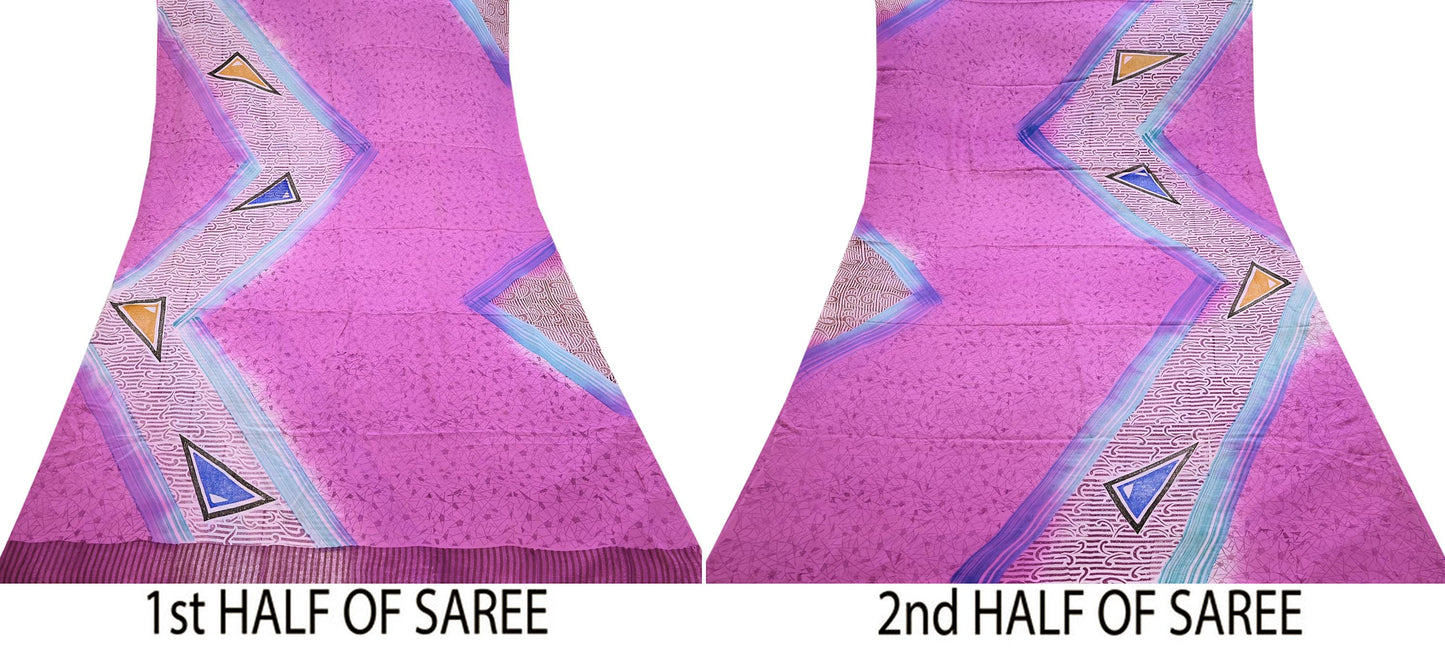 Indian Vintage Pink Pure Crepe Silk Saree Floral Print 5 Yards Soft Sewing Fabric for Dressmaking, Quilting, Crafting Upcycling