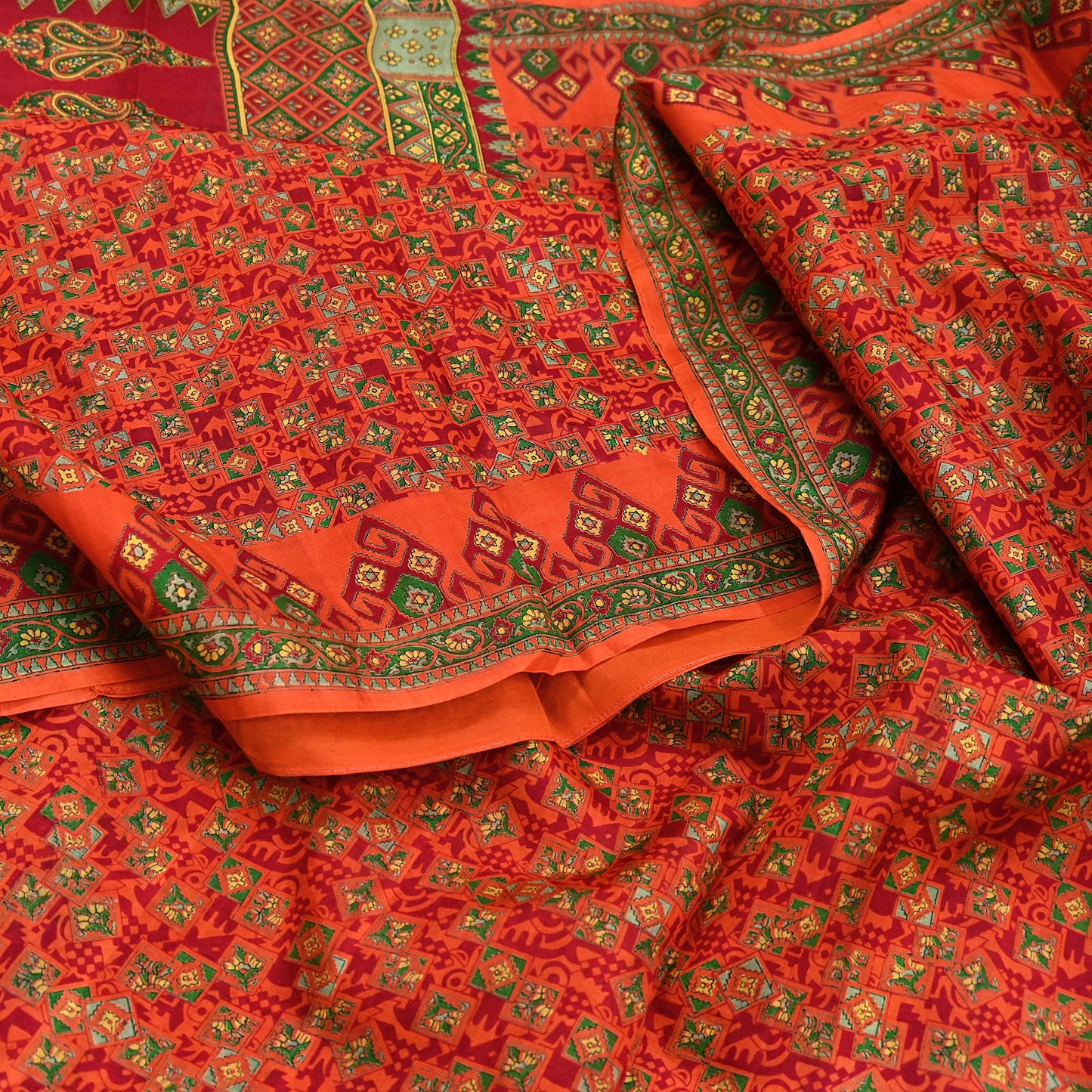 Indian Vintage Sari Orange 100% Pure Silk Printed Saree Craft Fabric 6yd Sewing Dress Making Soft Wrap Paisley Quilting Crafting Upcycle