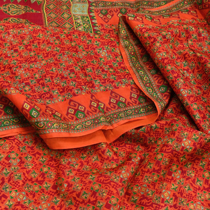 Indian Vintage Sari Orange 100% Pure Silk Printed Saree Craft Fabric 6yd Sewing Dress Making Soft Wrap Paisley Quilting Crafting Upcycle