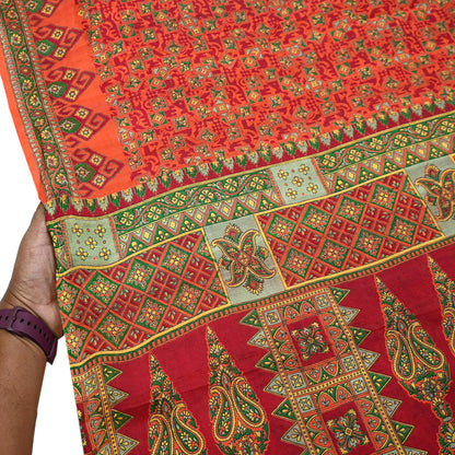 Indian Vintage Sari Orange 100% Pure Silk Printed Saree Craft Fabric 6yd Sewing Dress Making Soft Wrap Paisley Quilting Crafting Upcycle