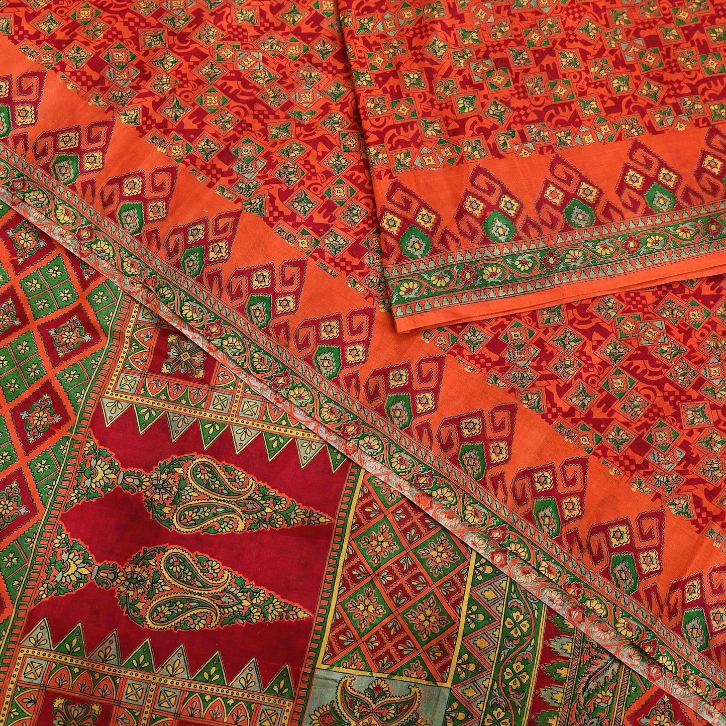 Indian Vintage Sari Orange 100% Pure Silk Printed Saree Craft Fabric 6yd Sewing Dress Making Soft Wrap Paisley Quilting Crafting Upcycle