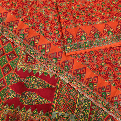 Indian Vintage Sari Orange 100% Pure Silk Printed Saree Craft Fabric 6yd Sewing Dress Making Soft Wrap Paisley Quilting Crafting Upcycle