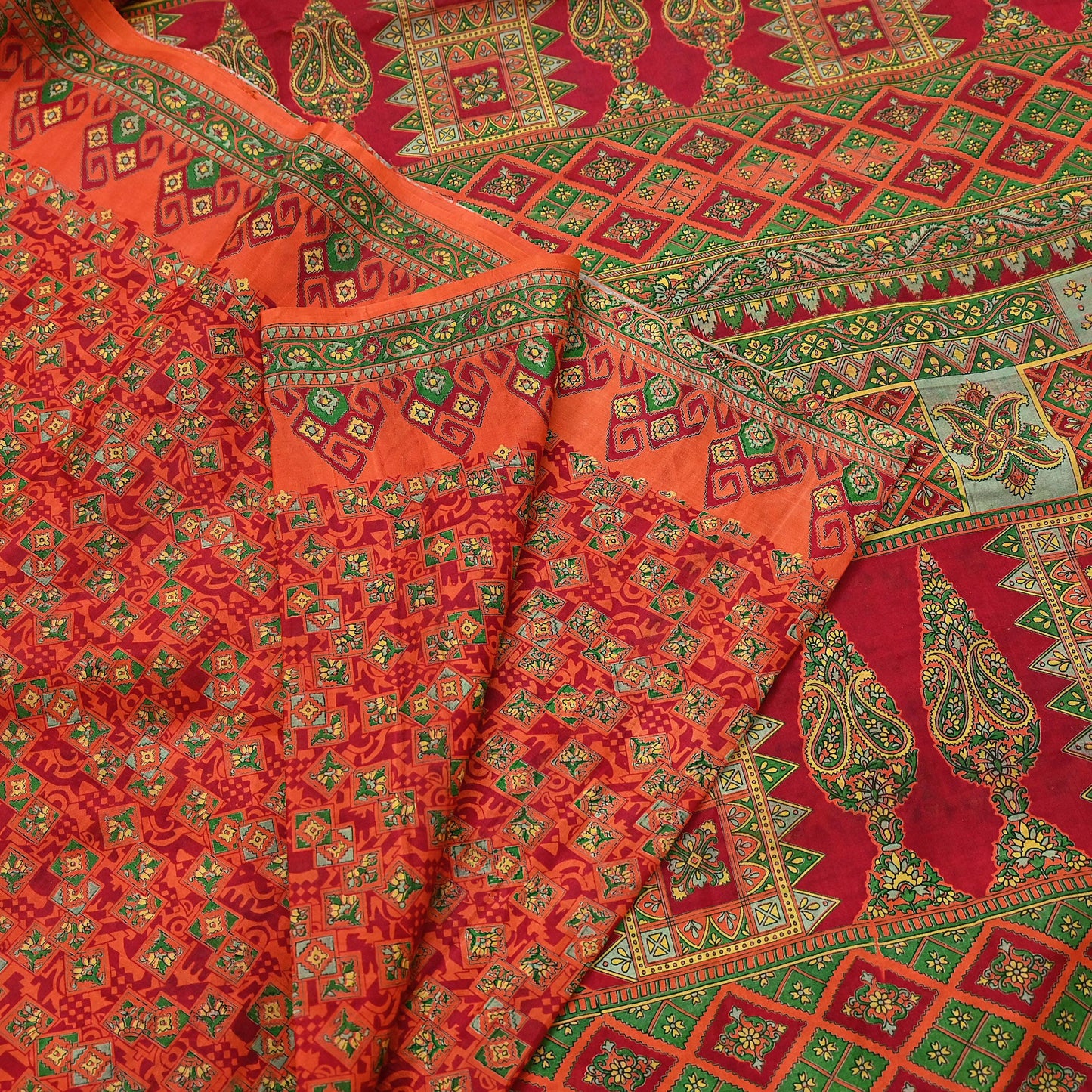 Indian Vintage Sari Orange 100% Pure Silk Printed Saree Craft Fabric 6yd Sewing Dress Making Soft Wrap Paisley Quilting Crafting Upcycle