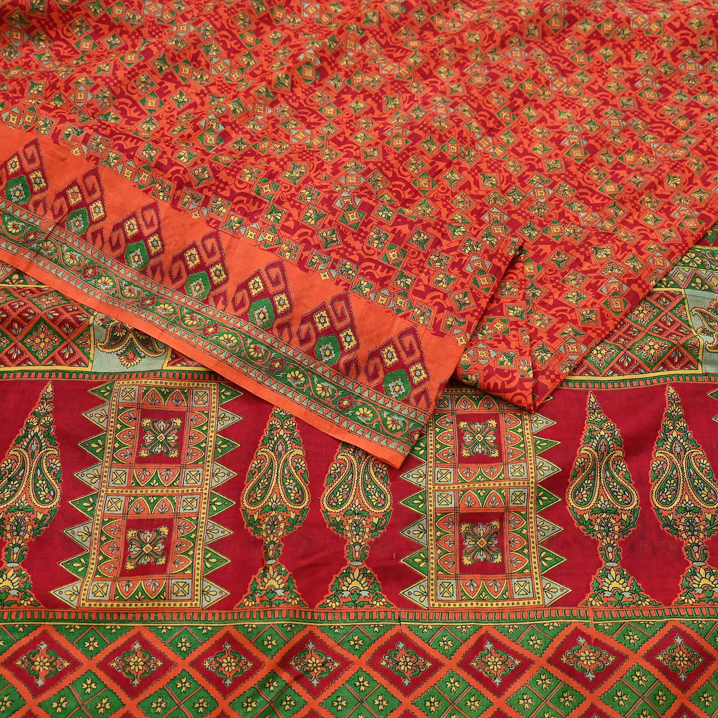 Indian Vintage Sari Orange 100% Pure Silk Printed Saree Craft Fabric 6yd Sewing Dress Making Soft Wrap Paisley Quilting Crafting Upcycle