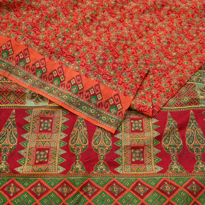 Indian Vintage Sari Orange 100% Pure Silk Printed Saree Craft Fabric 6yd Sewing Dress Making Soft Wrap Paisley Quilting Crafting Upcycle