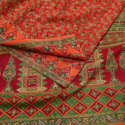 Indian Vintage Sari Orange 100% Pure Silk Printed Saree Craft Fabric 6yd Sewing Dress Making Soft Wrap Paisley Quilting Crafting Upcycle
