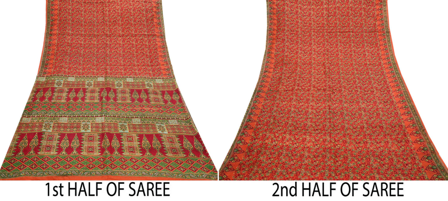 Indian Vintage Sari Orange 100% Pure Silk Printed Saree Craft Fabric 6yd Sewing Dress Making Soft Wrap Paisley Quilting Crafting Upcycle