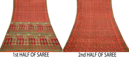 Indian Vintage Sari Orange 100% Pure Silk Printed Saree Craft Fabric 6yd Sewing Dress Making Soft Wrap Paisley Quilting Crafting Upcycle