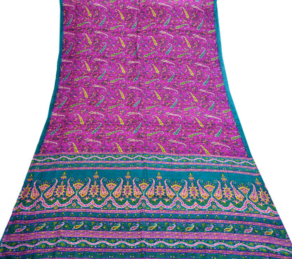Indian Vintage Sari Purple & Green Pure Silk Printed Saree 5yd Sewing Quilting Craft Fabric Dress Making/ Designing Soft Upcycle Used Floral