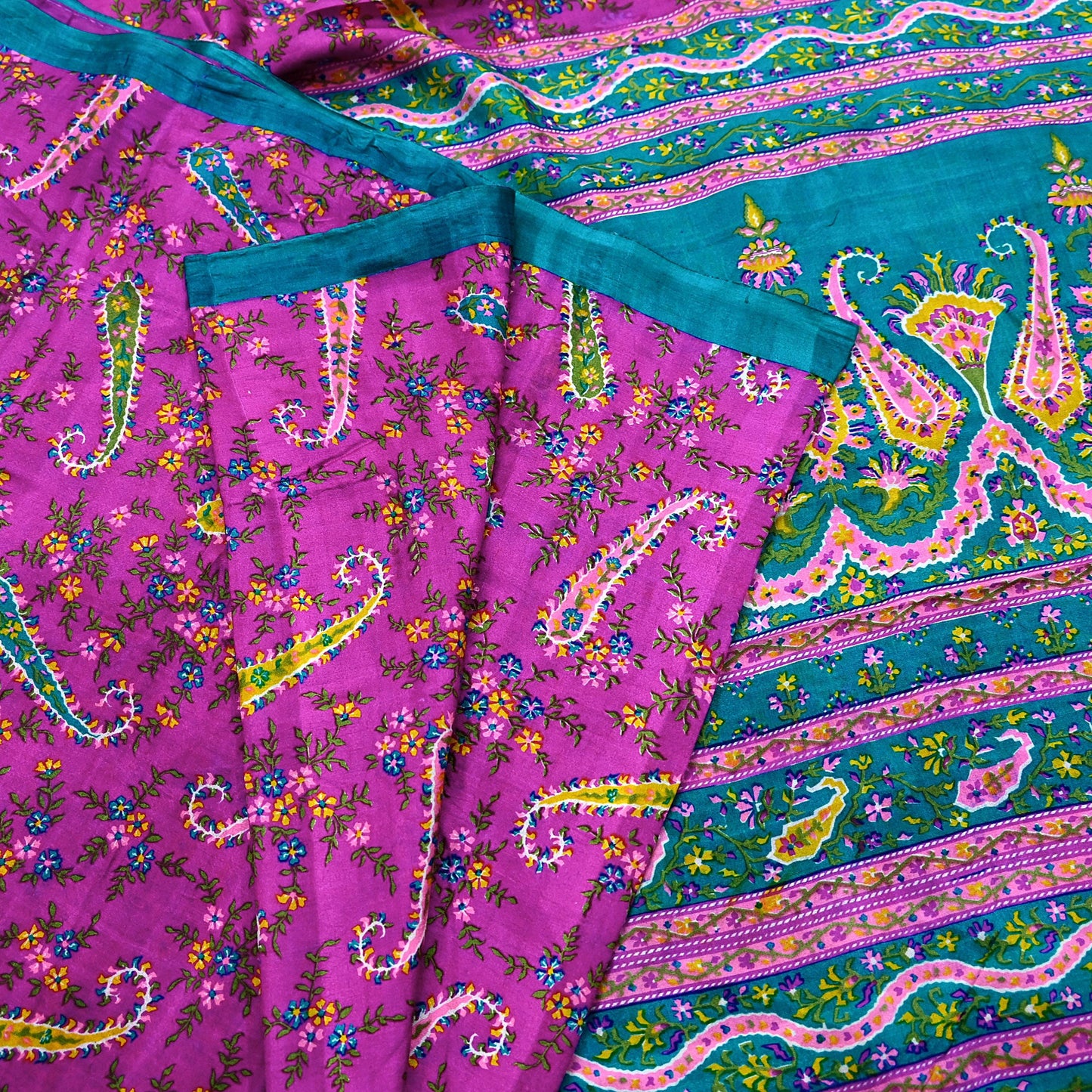 Indian Vintage Sari Purple & Green Pure Silk Printed Saree 5yd Sewing Quilting Craft Fabric Dress Making/ Designing Soft Upcycle Used Floral