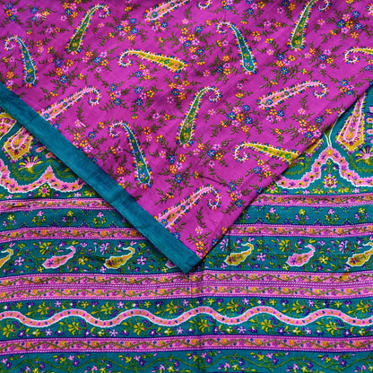 Indian Vintage Sari Purple & Green Pure Silk Printed Saree 5yd Sewing Quilting Craft Fabric Dress Making/ Designing Soft Upcycle Used Floral