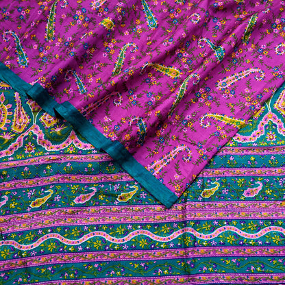 Indian Vintage Sari Purple & Green Pure Silk Printed Saree 5yd Sewing Quilting Craft Fabric Dress Making/ Designing Soft Upcycle Used Floral