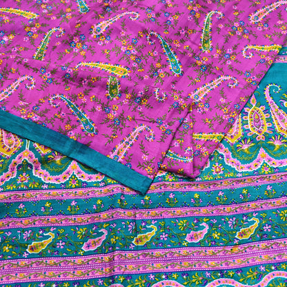 Indian Vintage Sari Purple & Green Pure Silk Printed Saree 5yd Sewing Quilting Craft Fabric Dress Making/ Designing Soft Upcycle Used Floral