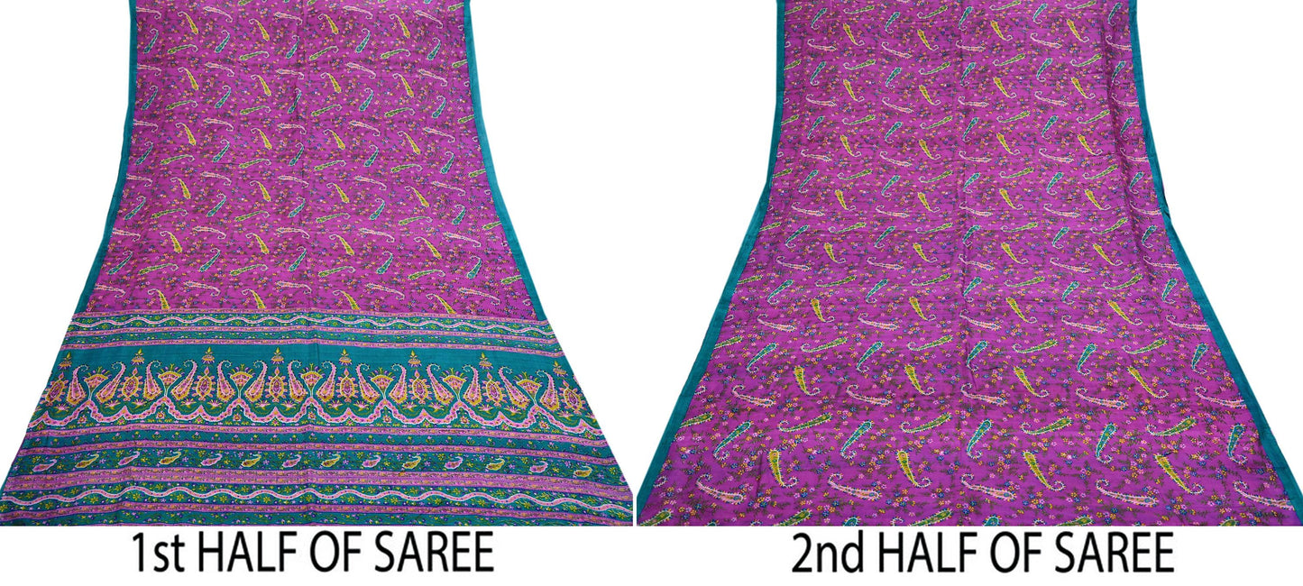 Indian Vintage Sari Purple & Green Pure Silk Printed Saree 5yd Sewing Quilting Craft Fabric Dress Making/ Designing Soft Upcycle Used Floral