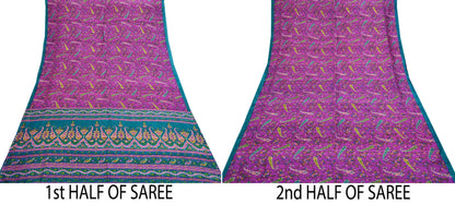 Indian Vintage Sari Purple & Green Pure Silk Printed Saree 5yd Sewing Quilting Craft Fabric Dress Making/ Designing Soft Upcycle Used Floral