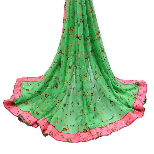 Indian Vintage Dupatta Green Pure Georgette silk Long Stole Embroidered Scarves Veil Wrap Hijab