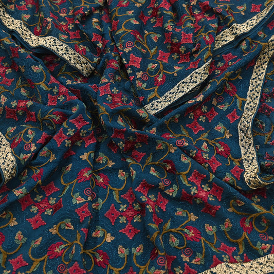 Indian Vintage Green Dupatta Pure silk Long Stole Hand Embroidered Scarves Floral Design Stole Veil Wrap