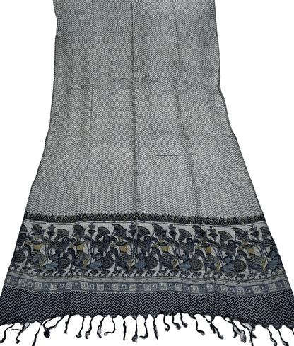 Vintage Gray & Black Stole Pure Wool Printed Dupatta Scarf Shawl Wrap Floral Long Winter Scarf for Women, Hijab, Christmas Gift