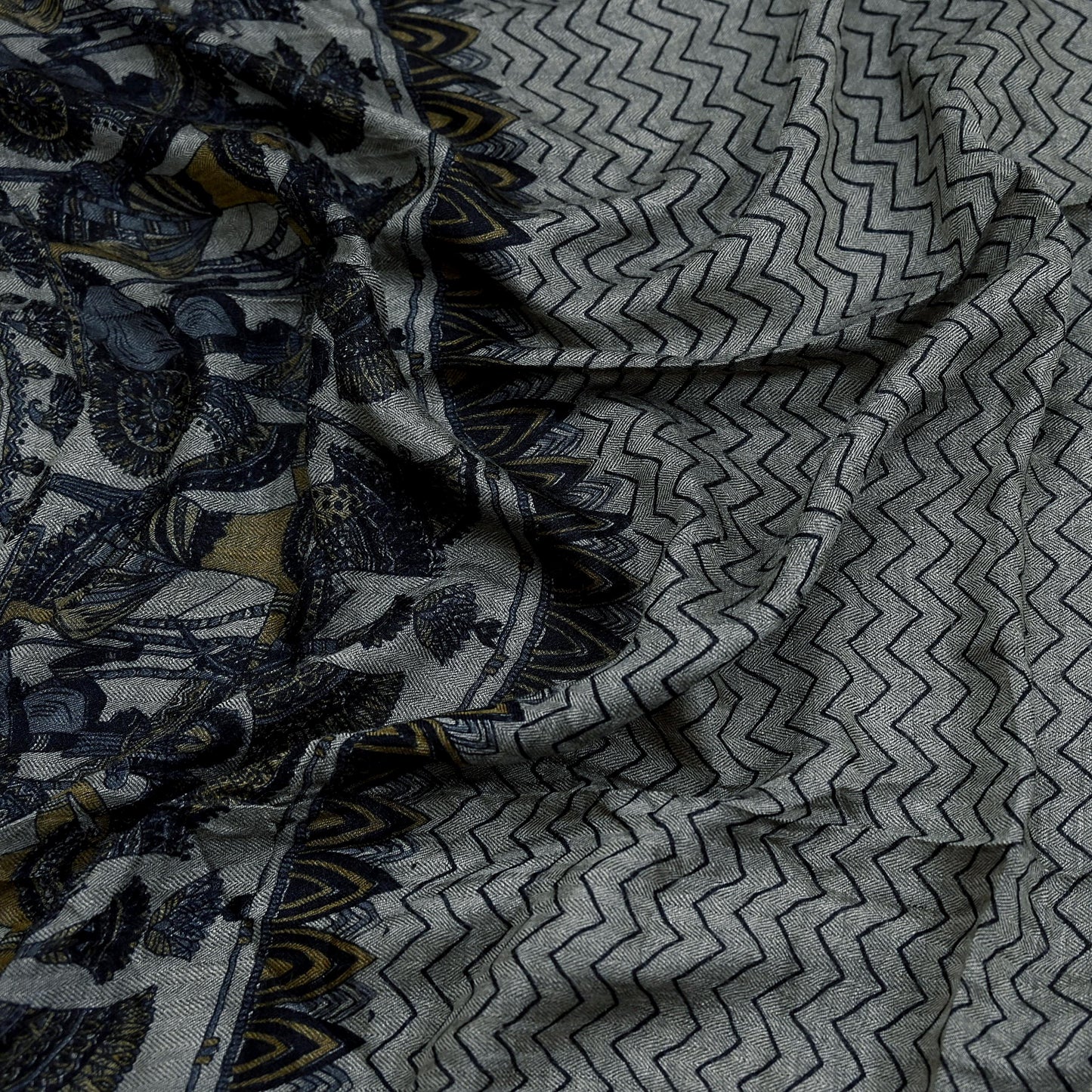 Vintage Gray & Black Stole Pure Wool Printed Dupatta Scarf Shawl Wrap Floral Long Winter Scarf for Women, Hijab, Christmas Gift
