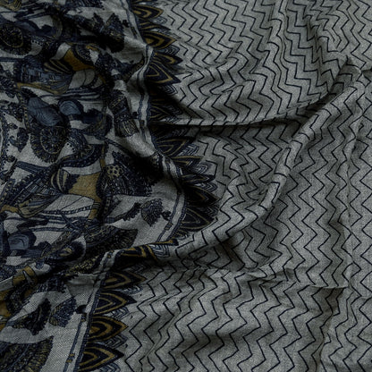Vintage Gray & Black Stole Pure Wool Printed Dupatta Scarf Shawl Wrap Floral Long Winter Scarf for Women, Hijab, Christmas Gift