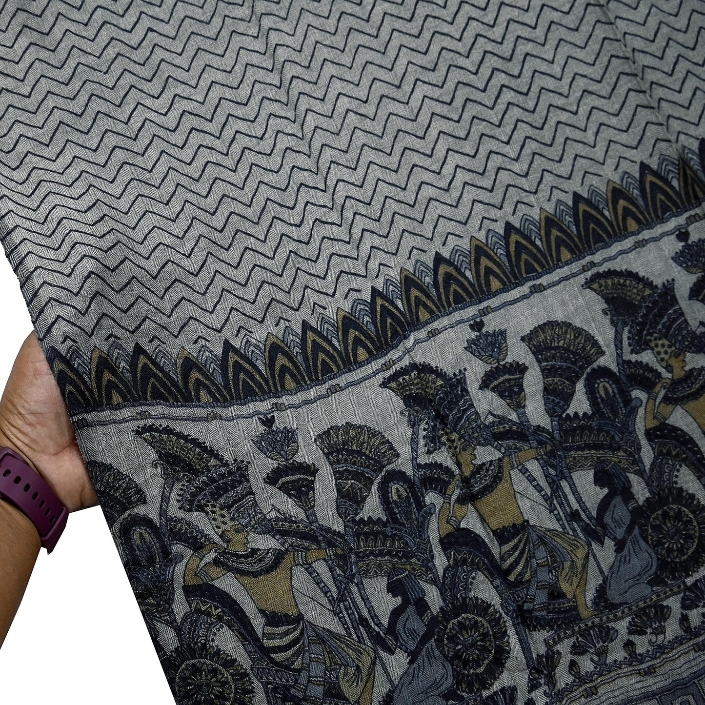 Vintage Gray & Black Stole Pure Wool Printed Dupatta Scarf Shawl Wrap Floral Long Winter Scarf for Women, Hijab, Christmas Gift
