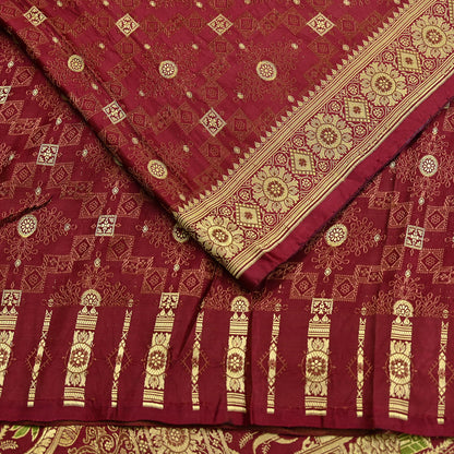 Vintage Maroon Banarasi Silk Saree Pure Satin Silk Handwoven Tanchoi Fabric with Floral Weave 5 Yard Dressmaking Craft Material