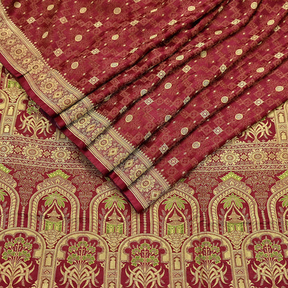 Vintage Maroon Banarasi Silk Saree Pure Satin Silk Handwoven Tanchoi Fabric with Floral Weave 5 Yard Dressmaking Craft Material