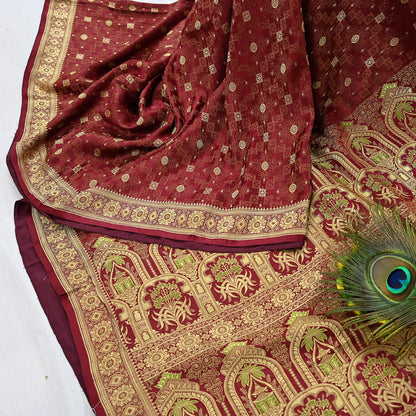 Vintage Maroon Banarasi Silk Saree Pure Satin Silk Handwoven Tanchoi Fabric with Floral Weave 5 Yard Dressmaking Craft Material