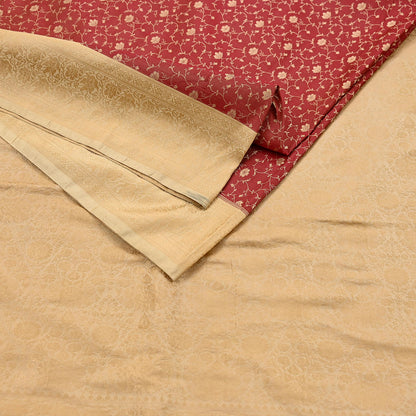 Vintage Red & Beige Banarasi Silk Saree Pure Satin Silk Handwoven Tanchoi Fabric with Paisley Weave 5 Yard Dressmaking Craft Material