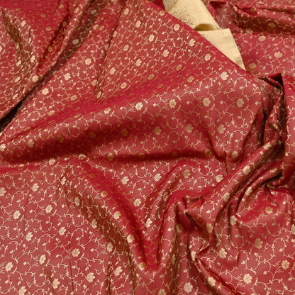 Vintage Red & Beige Banarasi Silk Saree Pure Satin Silk Handwoven Tanchoi Fabric with Paisley Weave 5 Yard Dressmaking Craft Material