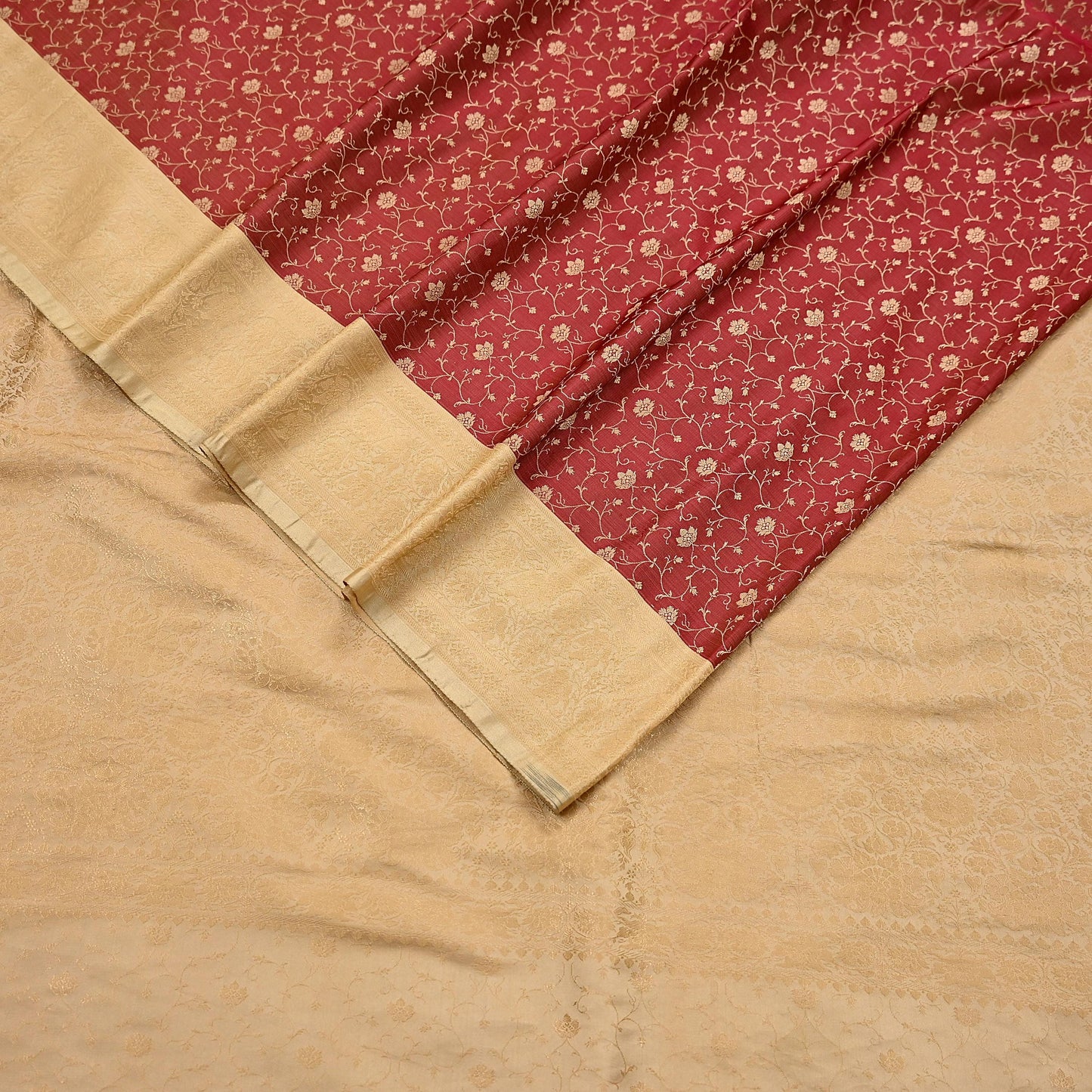 Vintage Red & Beige Banarasi Silk Saree Pure Satin Silk Handwoven Tanchoi Fabric with Paisley Weave 5 Yard Dressmaking Craft Material