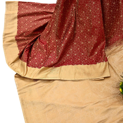 Vintage Red & Beige Banarasi Silk Saree Pure Satin Silk Handwoven Tanchoi Fabric with Paisley Weave 5 Yard Dressmaking Craft Material