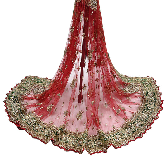 Indian Vintage Heavy Bridal Dupatta Red Net Mesh Long Stole Hand Embroidered Scarves Golden Zardozi Dabka Zari Hijab Wedding/ Party Veil