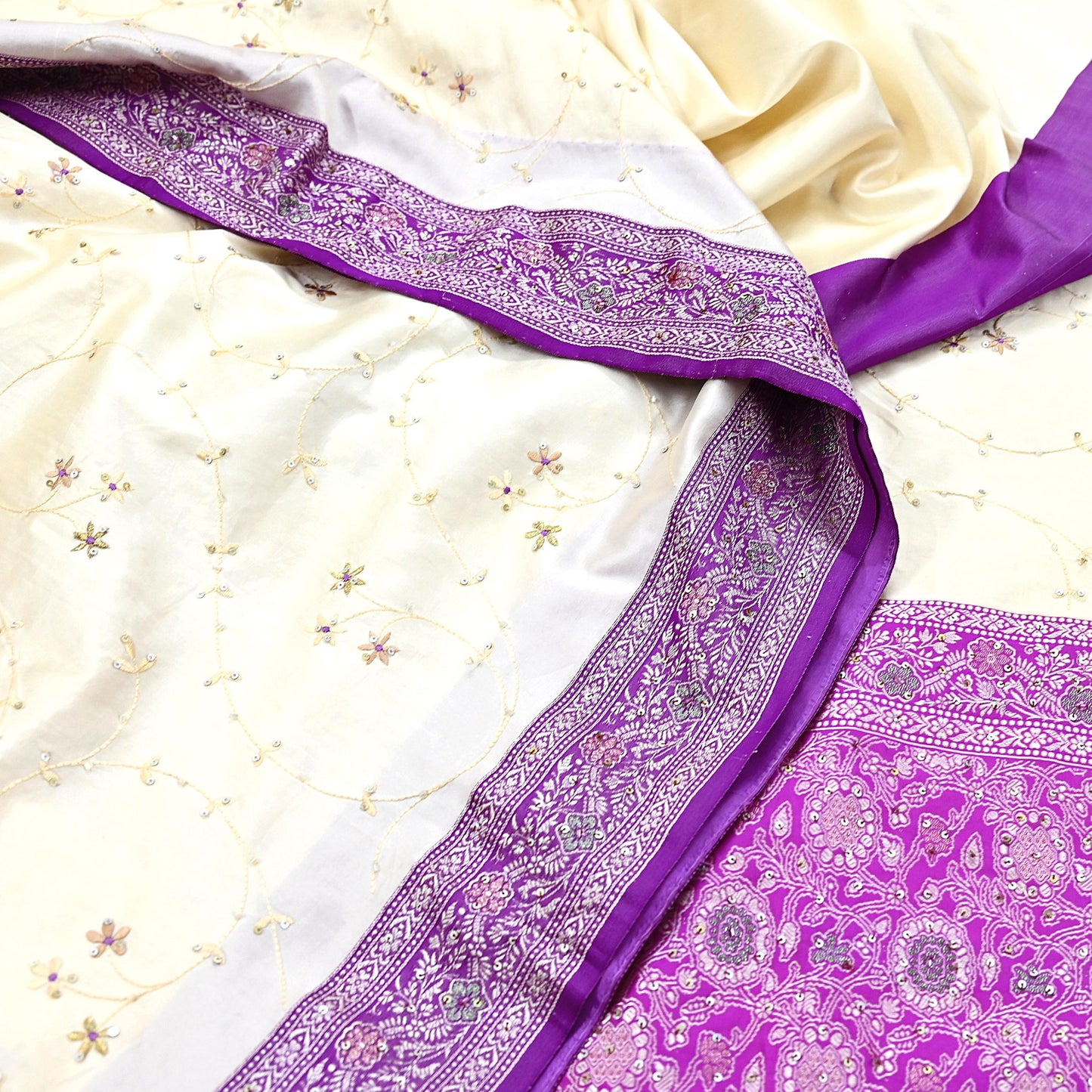 Indian Vintage Sari Purple & White Artificial Silk Hand Embroidered Sarees Craft Fabric 5Yd Sewing Soft Sequins Upcycle Dress Making