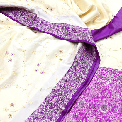 Indian Vintage Sari Purple & White Artificial Silk Hand Embroidered Sarees Craft Fabric 5Yd Sewing Soft Sequins Upcycle Dress Making