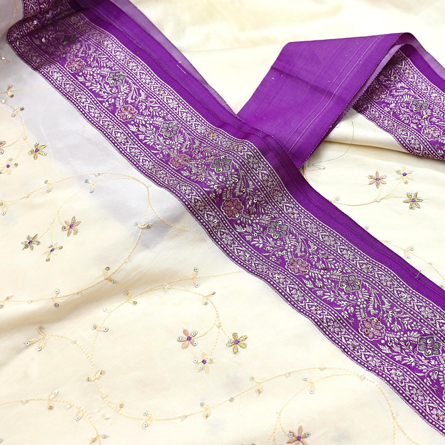 Indian Vintage Sari Purple & White Artificial Silk Hand Embroidered Sarees Craft Fabric 5Yd Sewing Soft Sequins Upcycle Dress Making