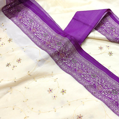 Indian Vintage Sari Purple & White Artificial Silk Hand Embroidered Sarees Craft Fabric 5Yd Sewing Soft Sequins Upcycle Dress Making