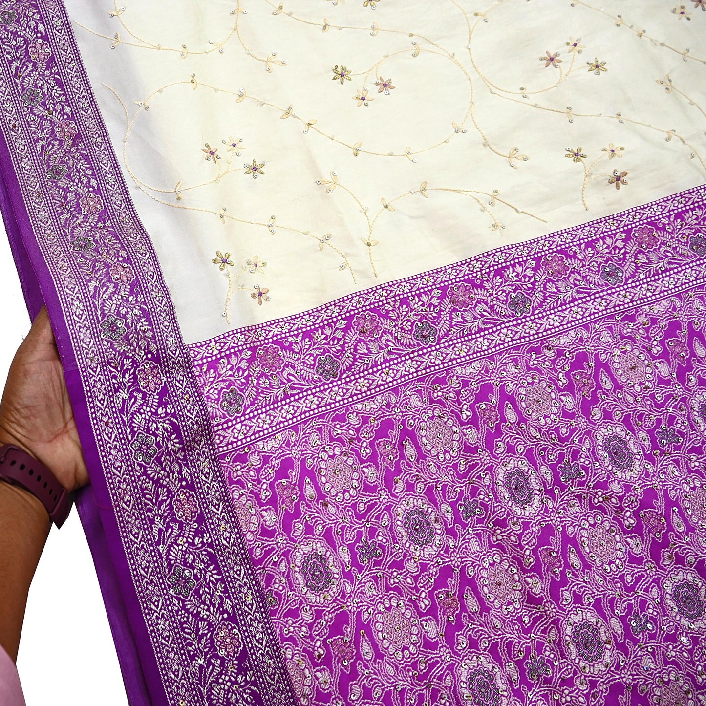 Indian Vintage Sari Purple & White Artificial Silk Hand Embroidered Sarees Craft Fabric 5Yd Sewing Soft Sequins Upcycle Dress Making