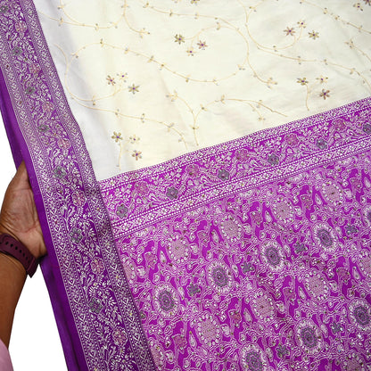 Indian Vintage Sari Purple & White Artificial Silk Hand Embroidered Sarees Craft Fabric 5Yd Sewing Soft Sequins Upcycle Dress Making