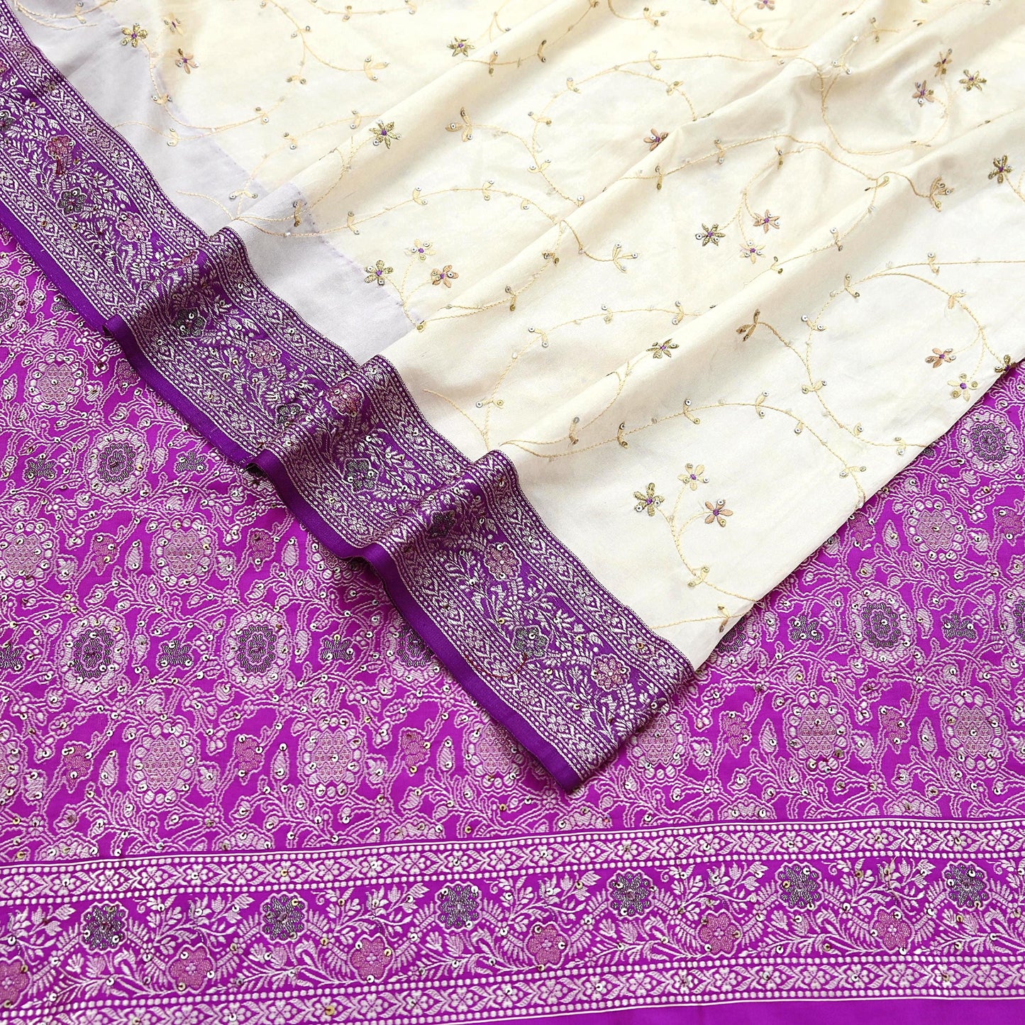 Indian Vintage Sari Purple & White Artificial Silk Hand Embroidered Sarees Craft Fabric 5Yd Sewing Soft Sequins Upcycle Dress Making