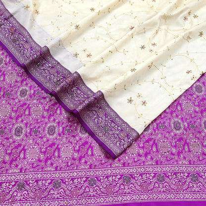Indian Vintage Sari Purple & White Artificial Silk Hand Embroidered Sarees Craft Fabric 5Yd Sewing Soft Sequins Upcycle Dress Making