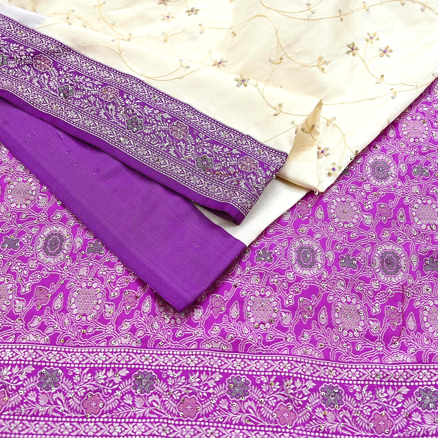 Indian Vintage Sari Purple & White Artificial Silk Hand Embroidered Sarees Craft Fabric 5Yd Sewing Soft Sequins Upcycle Dress Making
