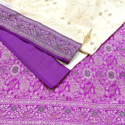 Indian Vintage Sari Purple & White Artificial Silk Hand Embroidered Sarees Craft Fabric 5Yd Sewing Soft Sequins Upcycle Dress Making