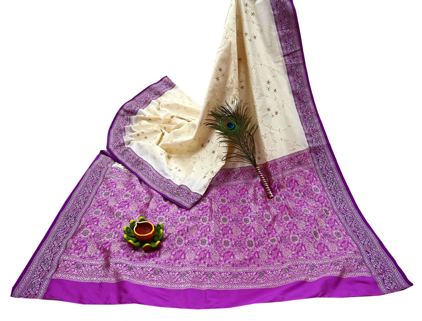 Indian Vintage Sari Purple & White Artificial Silk Hand Embroidered Sarees Craft Fabric 5Yd Sewing Soft Sequins Upcycle Dress Making