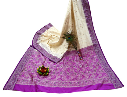 Indian Vintage Sari Purple & White Artificial Silk Hand Embroidered Sarees Craft Fabric 5Yd Sewing Soft Sequins Upcycle Dress Making