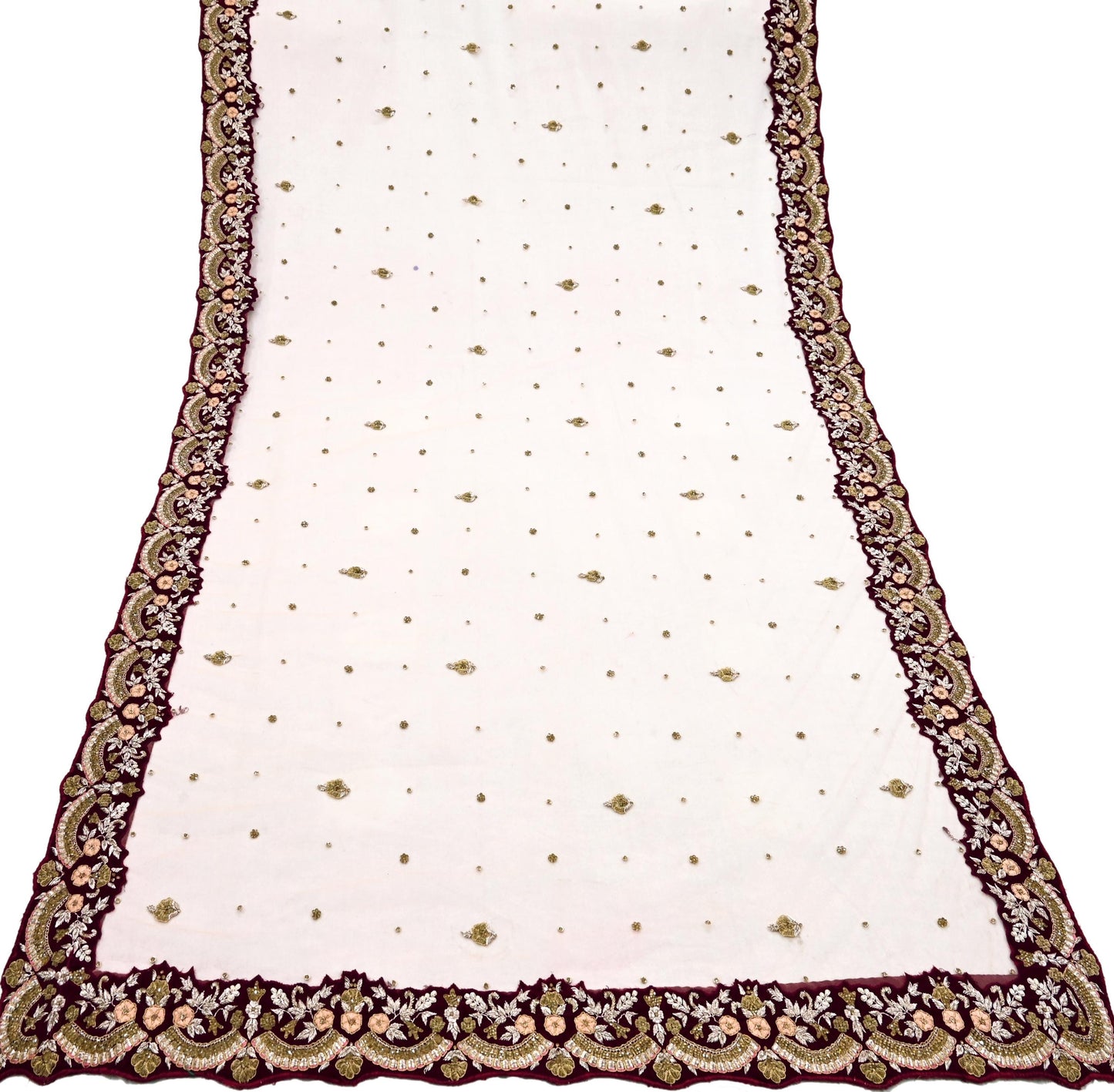 Pre-Owned Designer Anamika Khanna Hand Embroidered Lehenga & Dupatta Set  Maroon Velvet Skirt with Peach Net Dupatta